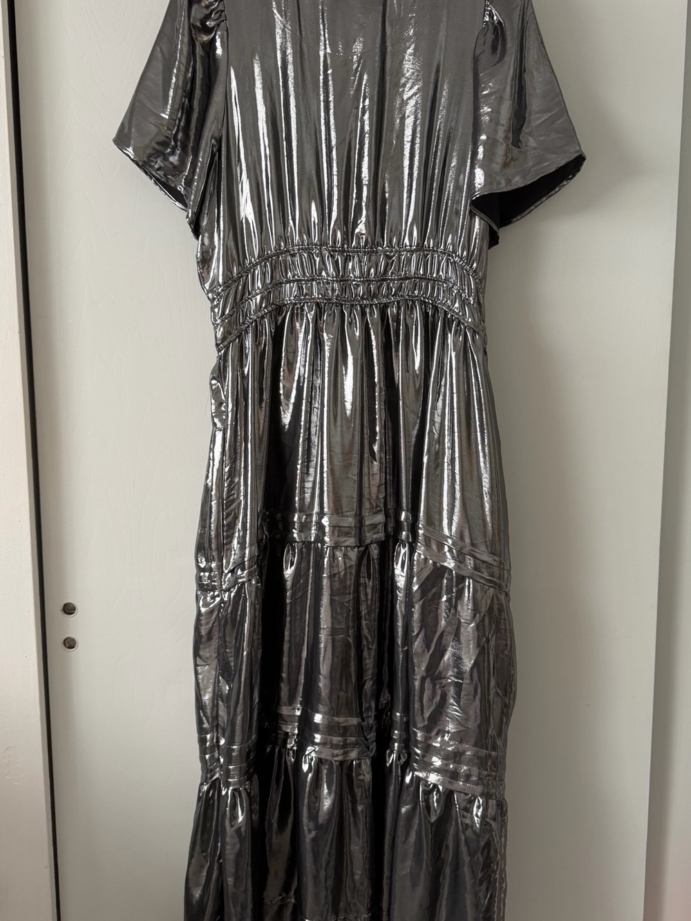 Anthropologie Metallic Silver V-Neck Tiered Maxi Dress - Picture 2 of 5
